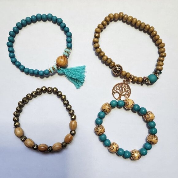 Beaded Bracelet Set of 4 Tree of Life Charm Bohemian Wooden Stackable - Picture 2 of 3